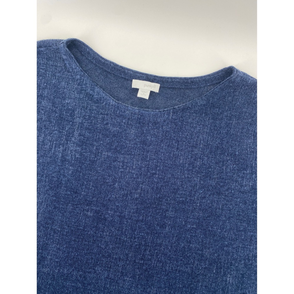 Pure Jill Knit Top Women M Petite Blue Linen Blend Short Sleeve Side Slit Boxy